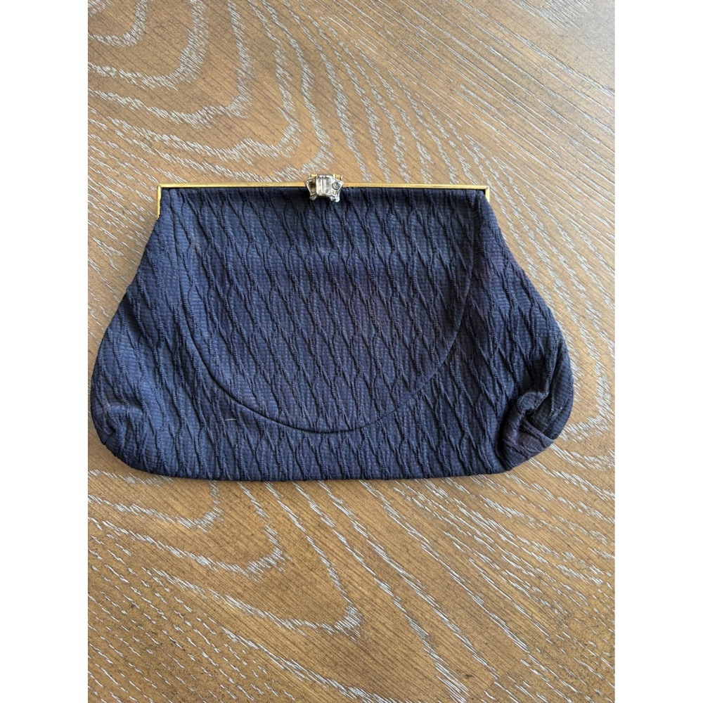 Vintage Navy Blue Textured Evening Clutch Bag Gold Frame Rhinestone Clasp Mirror